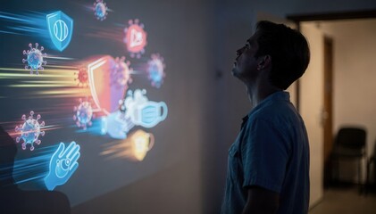 Medium shot of a person observing animated disease prevention graphics projected on a wall the visual content highlighted and the surrounding environment subtly unfocused.