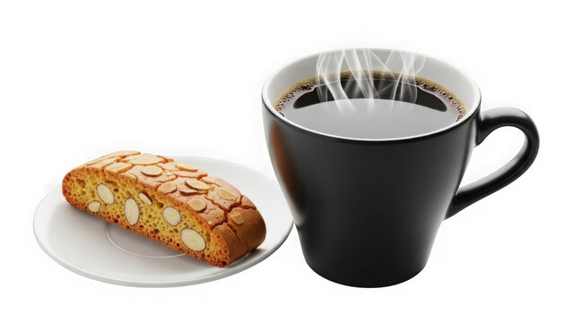 Steaming coffee cup with biscotti isolated on transparent background