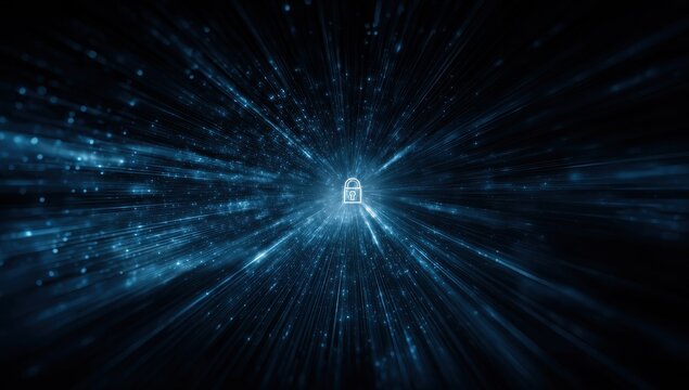 Cyber security concept with a glowing digital lock icon in a blue data tunnel