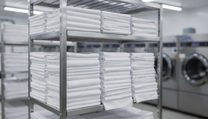 Medium shot of neatly folded stacks of hospitalgrade linens on metal shelves in a highvolume laundry area focus on fabric detail storage area and machinery blurred furthest back.