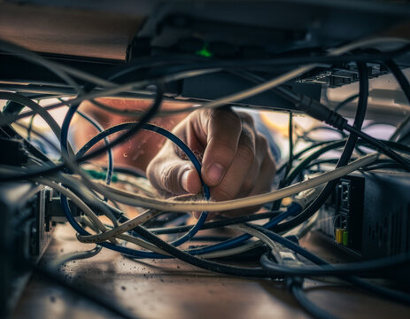Hand reaching through extremely dusty and tangled wires close up