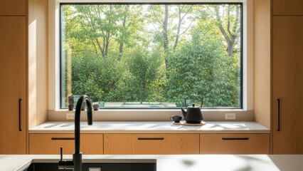 Modern Kitchen Interior with Large Window Overlooking Green Garden