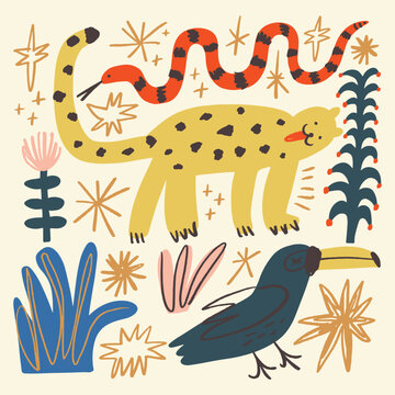 Cute African tropical voyage elements animals set isolated on background for kids content. Hand drawn silhouettes colorful collage. Flat cartoon character leopard animal, toucan and snake. Inhabitant