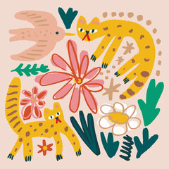 Naklejka premium Cute African tropical voyage elements animals set isolated on background for kids content. Hand drawn silhouettes colorful collage. Flat cartoon character leopard animal, bird and snake. Inhabitant