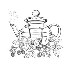 Blackberry Tea in Teapot aroma beverage Outline Illustration. Vector isolated for Design and Decoration for Cafeteria, Posters, Banners, Cards.