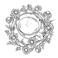 Cup of Chamomile Tea aroma beverage Outline Illustration. Vector isolated for Design and Decoration for Cafeteria, Posters, Banners, Cards.