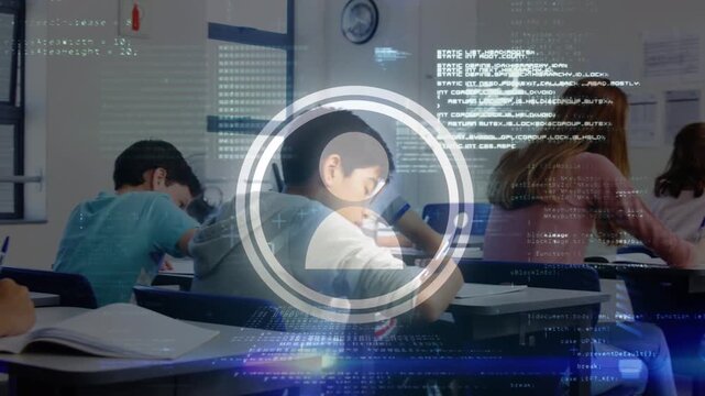 Profile icon and data processing over group of diverse kids studying in the class at school