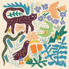 Obraz premium Cute African tropical voyage elements animals set isolated on background for kids content. Hand drawn silhouettes colorful collage. Flat cartoon character leopard animal, toucan and snake. Inhabitant