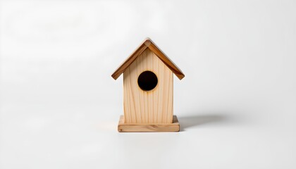 A small wooden birdhouse situated on a white surface against a light gray background