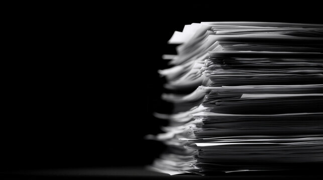 tall pile of papers is illuminated against a black background, highlighting the texture and volume of the stack and evoking themes of work, bureaucracy, or unfinished tasks