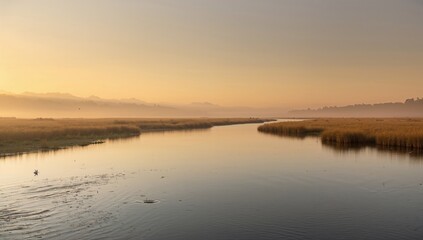 Obraz premium Peaceful river scenery at dawn with sunlight reflections and open landscape viewed from elevated perspective