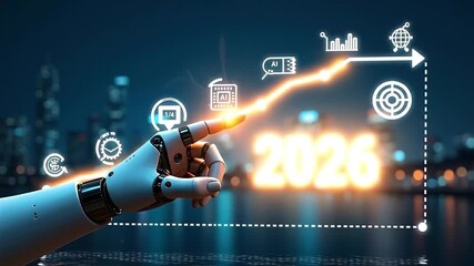 AI predicts 2026 business trends using advanced analytics to visualize global growth, innovation, and future opportunities. The concept highlights strategic decision-making, data-driven insights - Powered by Adobe