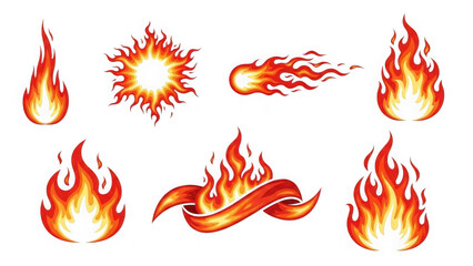 Set of fire flames isolated on transparent background
