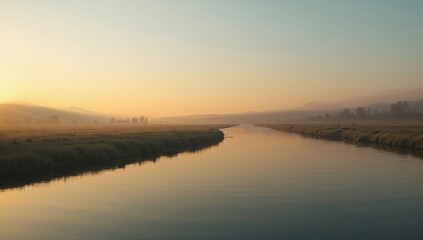 Obraz premium Sunrise over long river winding through rural land with soft clouds and warm morning light for travel backgrounds