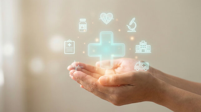 Digital Healthcare Innovation Concept: Hands presenting glowing medical icons and health symbols, representing telemedicine, smart healthcare technology, and modern patient care. - Powered by Adobe