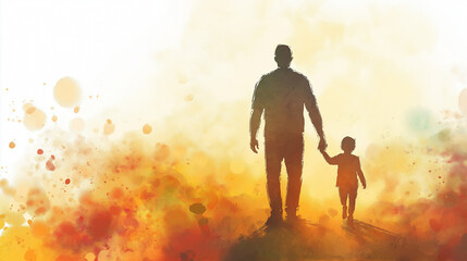 Obraz premium Silhouette of a father and child walking hand in hand against a colorful watercolor background for family bonding