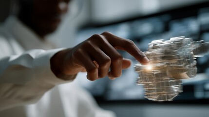 In a digital lab, precision meets innovation as a hand moves forward and touches a floating engine shown as a virtual hologram, symbolizing future diagnostics and design. cinematic color