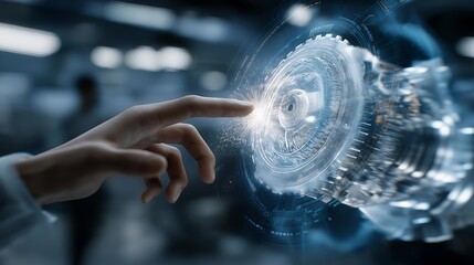 A science fiction inspired technology scene captures the moment a hand touches a detailed virtual engine hologram, symbolizing progress, innovation, and the future of engineering. cinematic color