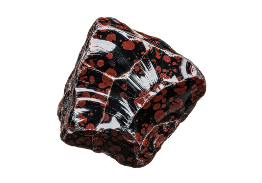 highly detailed raw mahogany obsidian stone, macro view of sharp conchoidal fractures and reddish-black coloration, isolated on brilliant white background, study of geological texture concept