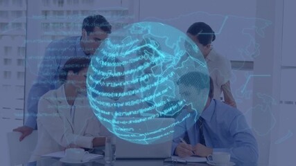 Animation of globe with programming codes moving over multiracial coworkers discussing over laptop