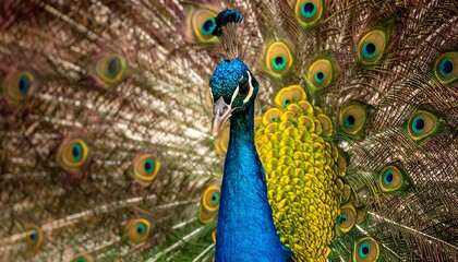 Obraz premium Majestic peacock displaying its radiant, ornate plumage in full fan