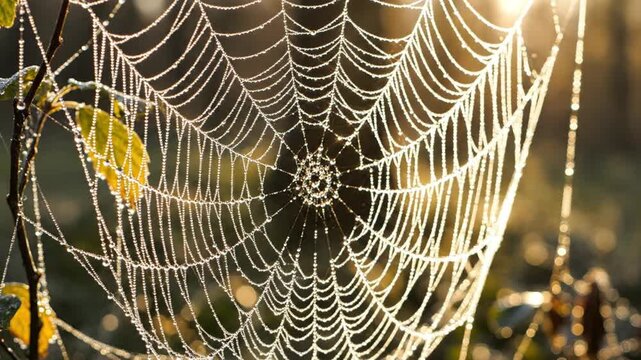 Dewy spider web in a natural outdoor setting with sunlight shining through
