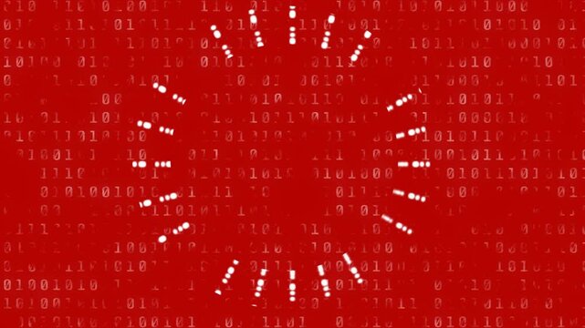 Animation of abstract circular shape pulsating over binary coding data processing on red background