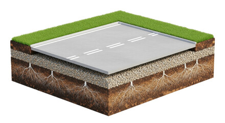 Photorealistic 3d isometric cutaway rendering of a transparent concrete road slab, dashed lines, and green grass edge, showing geotechnical layers. Concept of structural visualization