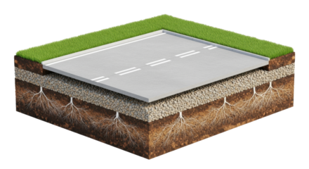 Photorealistic 3d isometric cutaway rendering of a transparent concrete road slab, dashed lines, and green grass edge, showing geotechnical layers. Concept of structural visualization