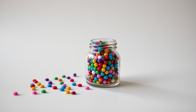A clear glass jar filled with multi colored candy pieces is placed on a surface near a collection of actual candies scattered around it. The jar also has a lid on it.