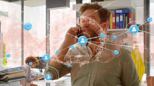 Animation of network of connections with icons over caucasian businesswoman using vr headset