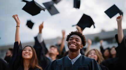Fototapeta premium A diverse group of graduates celebrates together on graduation day, raising their arms to toss caps, symbolizing accomplishment, ambition, and academic success. cinematic color correction, natural