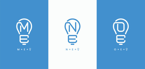 Set of initials letter ME, NE, and OE simple line light bulb shape logo design. ME NE OE monogram technology logo collections