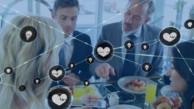 Animation of network of connections with icons over diverse business people using vr headsets