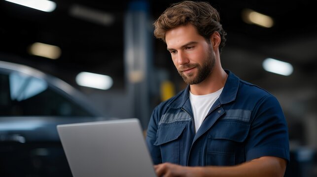 Modern vehicle maintenance features an auto mechanic who uses a laptop to run a detailed diagnostics test, supporting data driven repairs and long term performance. cinematic color correction, - Powered by Adobe
