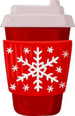 Fototapeta premium Red coffee cup displaying festive snowflake sleeve design