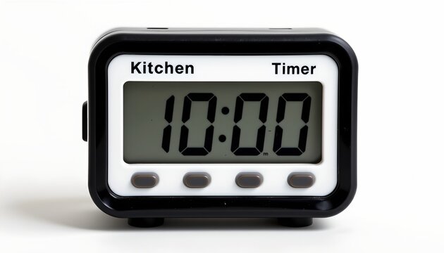 A digital kitchen timer with a black and white clock face design, placed against a white background.
