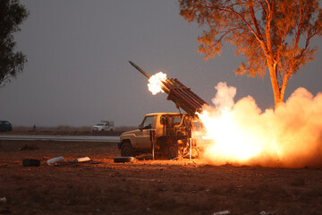 Rocket Launcher Firing at Night from Pickup Truck. War In Syria