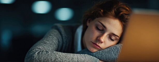Fototapeta premium Female Burnout Reality Exhausted Young Woman with Red Hair Resting Head on Arms at Laptop Work Burnout Concept Tired Mind Digital Life