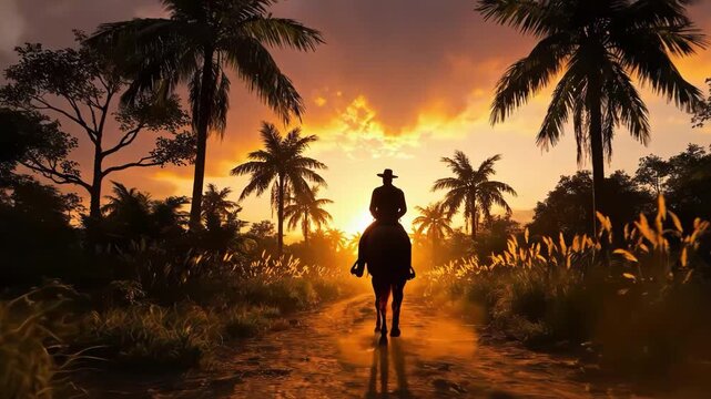 Cowboy riding horse through tropical sunset with palm trees