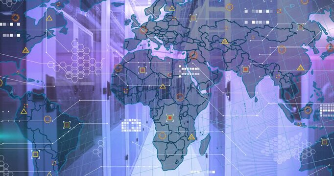 Animation of world map and data processing over computer servers