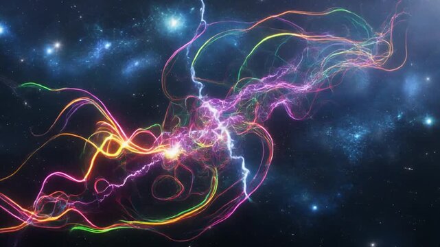 Colorful energy lines and lightning intersecting in a dark starry space background for a futuristic technology concept