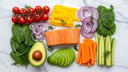 Fresh healthy salmon and assorted vegetables on marble background
