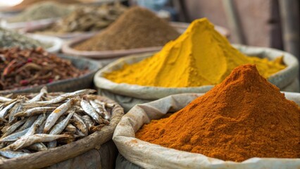 Vibrant spices and dried fish displayed in baskets create colorful market scene in Indian coastal city, showcasing rich culinary heritage
