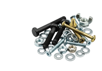 Tightly grouped assorted metal hardware fasteners (black bolts, brass screws, washers) in a high-key macro product shot against a transparent background with copy space. Concept of robust quality