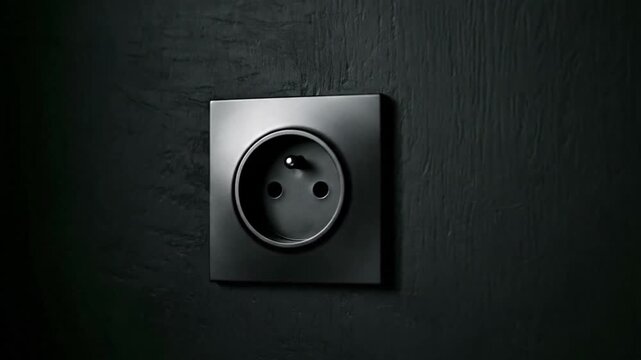 Close-up zoom in of modern matte black electrical wall socket on dark textured background
