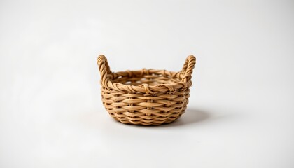 A small wicker basket with a handle on top, placed on a plain background. It's a simple yet clear depiction of a container designed for storage or decoration, commonly used in home settings.