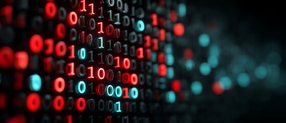 Abstract 3D binary code of red and blue numbers 0 and 1 on a dark background. Concept of software development, big data processing and digital transformation.