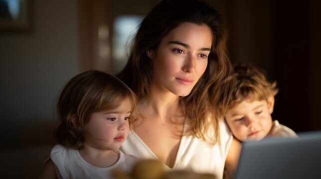 Busy mother working from home while caring for children, laptop open and toys nearby, capturing multitasking, time pressure, responsibility, and contemporary motherhood challenges. cinematic color - Powered by Adobe