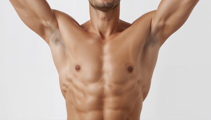 Obraz premium Muscular man torso without face on white background used for fitness health and exercise related concepts
